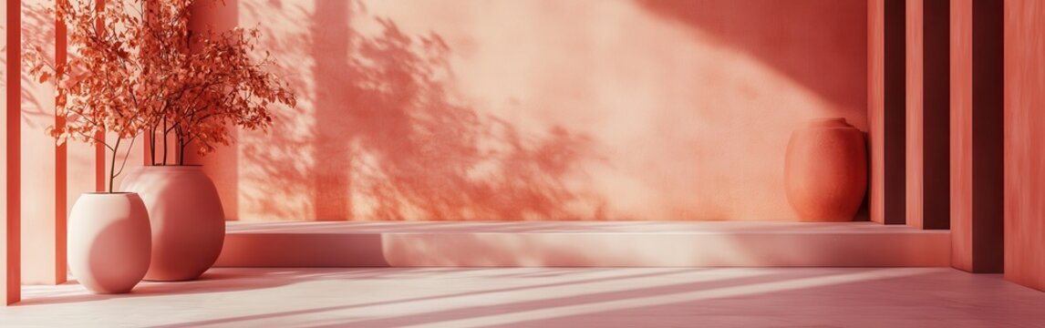 Monochromatic coral hues create a serene and balanced atmosphere in a minimalist interior space