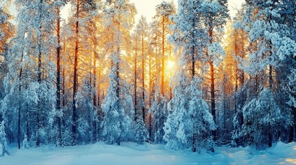 Winter scene showing a beautiful winter forest with tall trees covered in snow and the sun shining through the branches