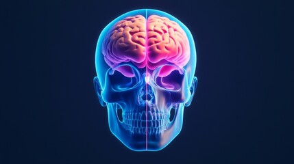 3D Brain Anatomy Within Skull Cross Section - Human brain, skull, anatomy, 3D model, medical illustration.  Concepts: intelligence, health, science, knowledge,  thinking.