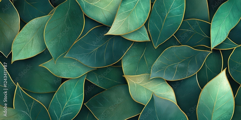 Poster leaf-inspired texture in shades of green and gold with overlapping outlines showcasing nature's beau