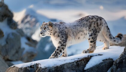 Fototapeta premium A snow leopard walking on rocky terrain in a rugged