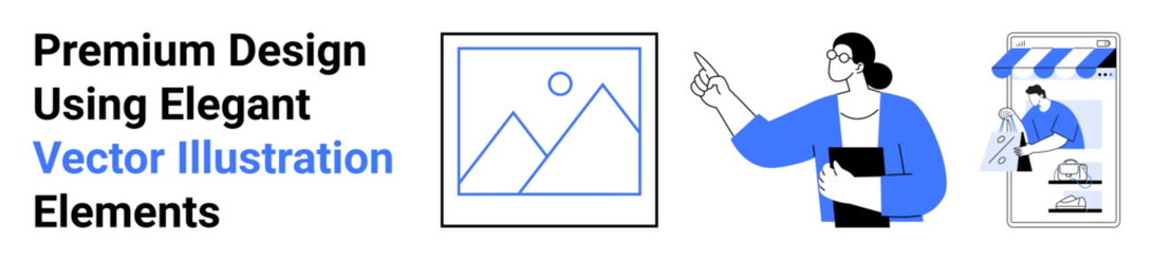 Framed artwork emphasized by confident woman gesturing to elements, paired with an online storefront. Ideal for art, education, e-commerce, professionalism, marketing, digital tools, flat landing