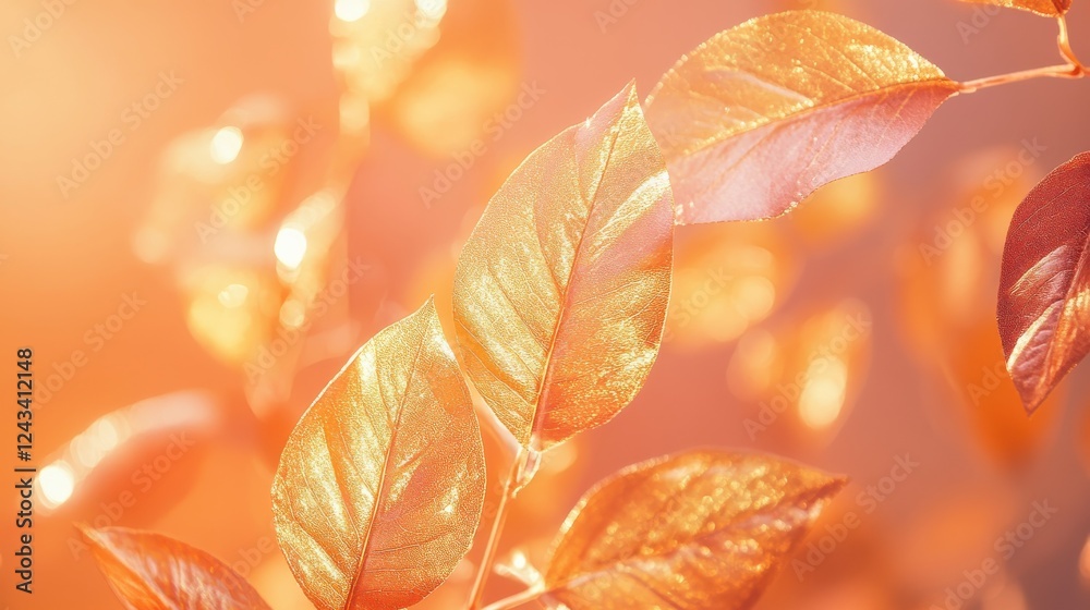 Poster Golden leaves with glowing edges against a warm sunset gradient background create a serene atmosphere at dusk