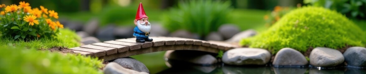 Obraz premium Miniature wooden bridge in a small garden with a tiny gnome on it, decorative stones, hardscaping, gnomes