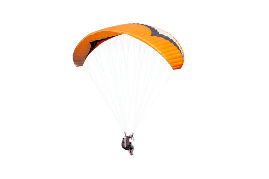 The sportsman flying on a paraglider. Beautiful paraglider in flight on a white background.	