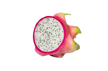 Dragon fruit with leaf. pitaya isolated set. Collection of ripe dragon fruit or pitahaya, half and...