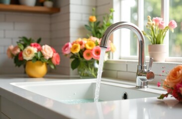 Water flows from a faucet into a large white sink, image in pastel colors