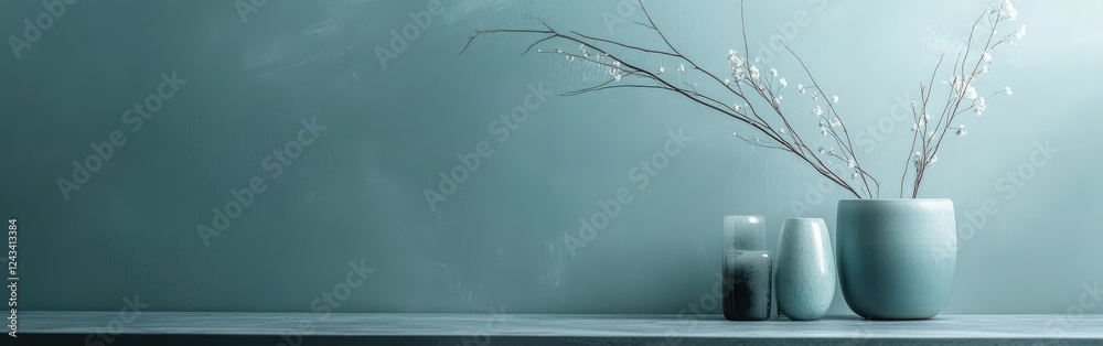 Aufkleber Elegant display of muted teal and gray mist with minimalist vases and delicate branches in a tranquil setting