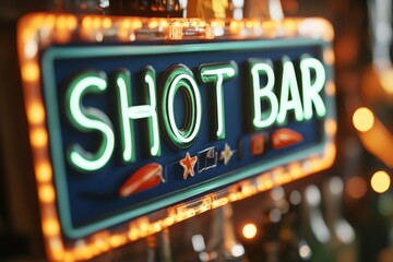 Bright neon sign for a shot bar illuminated at night in a lively urban setting with blurred drinks in the background