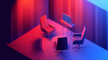 Isometric illustration of modern video conferencing setup featuring stylish chairs and television in vibrant color scheme. design evokes sense of innovation and collaboration
