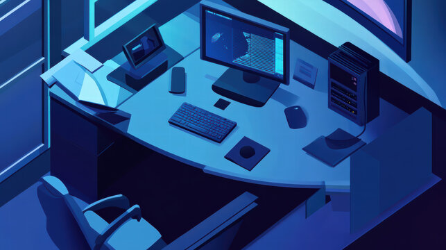modern office workspace featuring computer, keyboard, and accessories in blue color scheme. isometric design creates unique perspective, enhancing tech savvy atmosphere