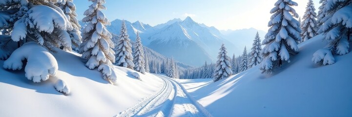 Fototapeta premium Snowy alpine terrain with ski trail winding through trees, winter, alpine