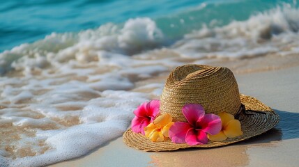 Beach hat flowers ocean waves summer vacation (1)