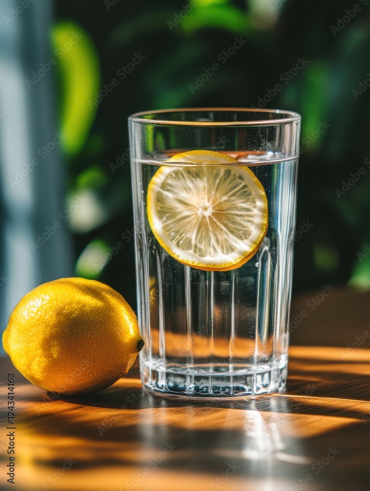 Poster refreshing glass of water with lemon slice on wooden table in tranquil setting