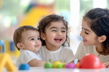 Obraz premium two teens playing with baby brother, kissing baby on the forehead, laughing looking at each other, in their modern colorful play room