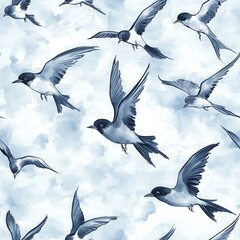 Obraz premium Intricate doodle watercolor pattern featuring flying swallows in soft gray and deep navy tones against a light sky-blue background