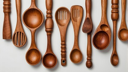 Collection of Dark Brown Wooden Spoons on Light Background
