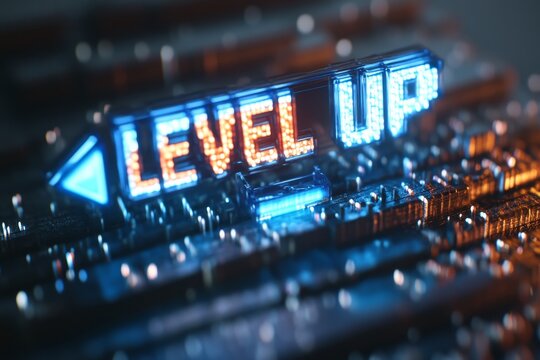 Bright neon level up sign illuminates a digital landscape in a vibrant urban setting at night