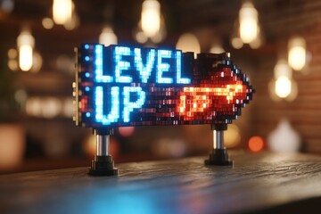 Neon sign displaying level up message with vibrant colors in cozy bar setting at night