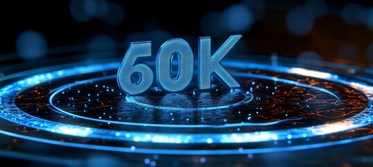 Glowing Digital 3D Number 60K in Futuristic Style, Celebration of Reaching Sixty Thousand Followers
