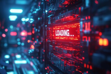 Neon-lit server room displaying a loading message in a high-tech digital environment