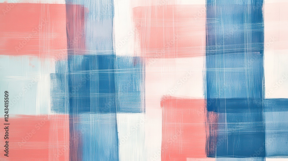 Poster abstract composition of coral and blue pencil strokes creating a textured grid pattern