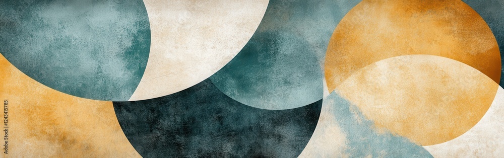 Poster Overlapping circular patterns create a harmonious design in muted teal and amber tones for artistic expression