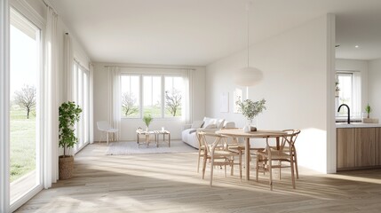 Fototapeta premium Bright Minimalist Open Plan Living Room and Dining Area