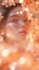 Fototapeta premium Soft coral and peach tones create a warm and inviting atmosphere with glowing bokeh effects surrounding a serene face