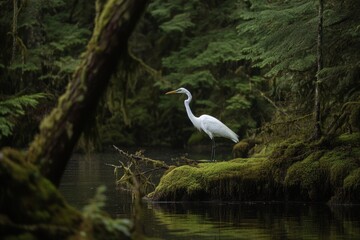 Photo of a great bird on the edge of a body of water in a forest with green moss and wild berries.
