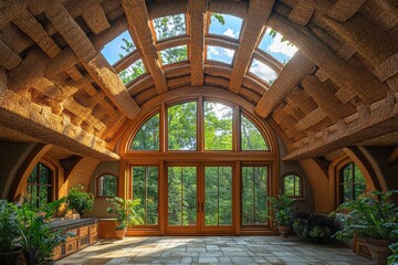 Obraz premium Stunning interior of a thatched roof space with large windows surrounded by greenery