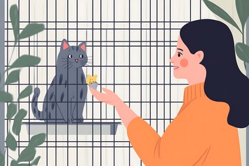 woman feeding cat in enclosure