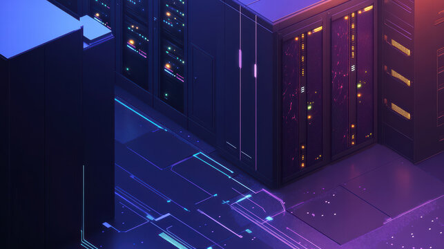 Isometric view of secure server room featuring glowing data servers and vibrant lighting. modern design emphasizes technology and security in digital environment