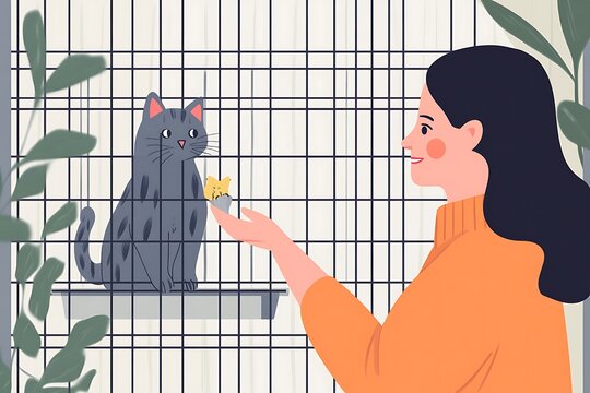 woman feeding cat in enclosure