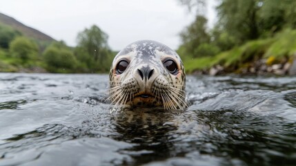 Fototapeta premium Seal pup swimming in river, lush background, wildlife nature