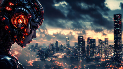 Stylish cyborg girl with LED features in urban landscape at sunset, showcasing futuristic city skyline. scene evokes sense of wonder and technology