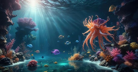 surreal underwater scene with glowing sea creatures, glowing sea creatures, eclectic seaweed, alien-like fish