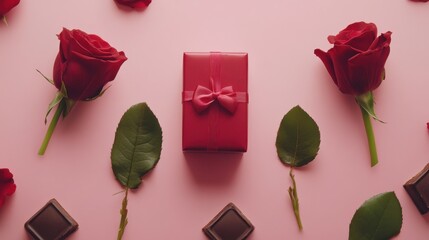 A Luxurious Dark Chocolate Bar, Adorned with an Array of Heart-Shaped Chocolates, Elegantly Placed Amidst a Romantic Setting of Crimson Roses and Delicate Greenery, Evoking a Sense of Affection and In