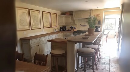 Fototapeta premium Bright Creamy Kitchen Interior Design with Wooden Island and Bar Stools