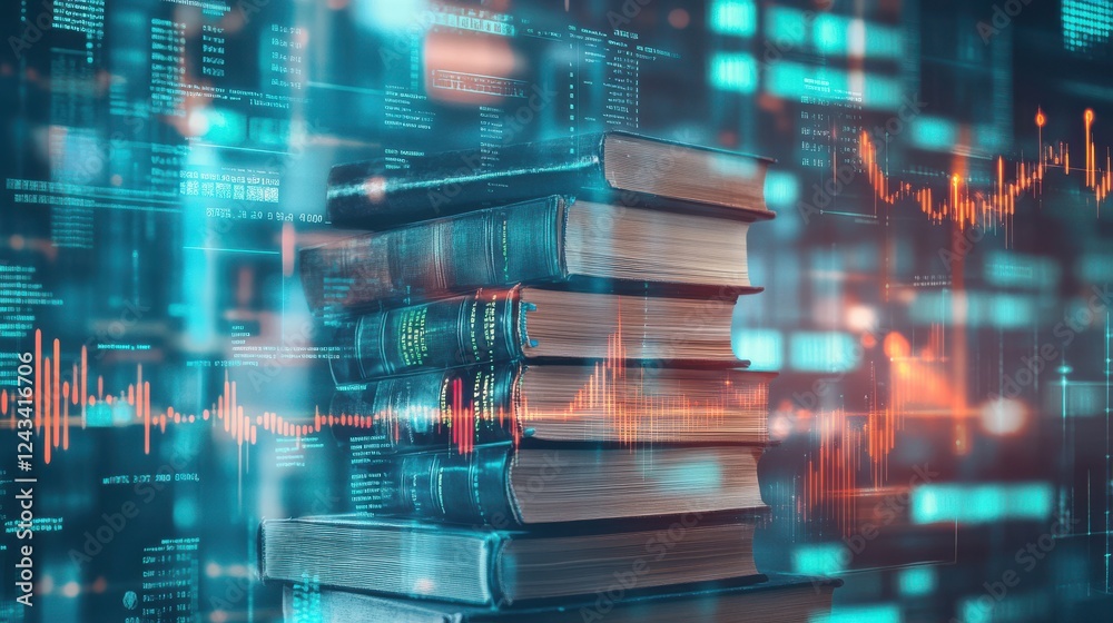 Fototapete symbolic representation of knowledge and finance through a stack of books with glowing market trends