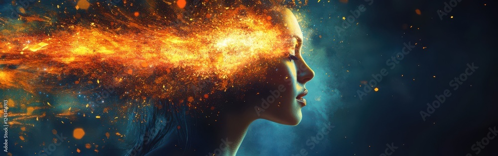 Poster surreal representation of a glowing woman with radiant shards and luminous explosion in her profile