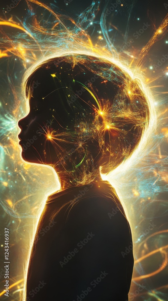 Poster surreal silhouette of a child glowing with cosmic energy and radiant solar flares in a vibrant displ