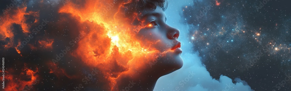 Poster surreal visualization of a child's face and the cosmos merging into one radiant expanse of starlit w