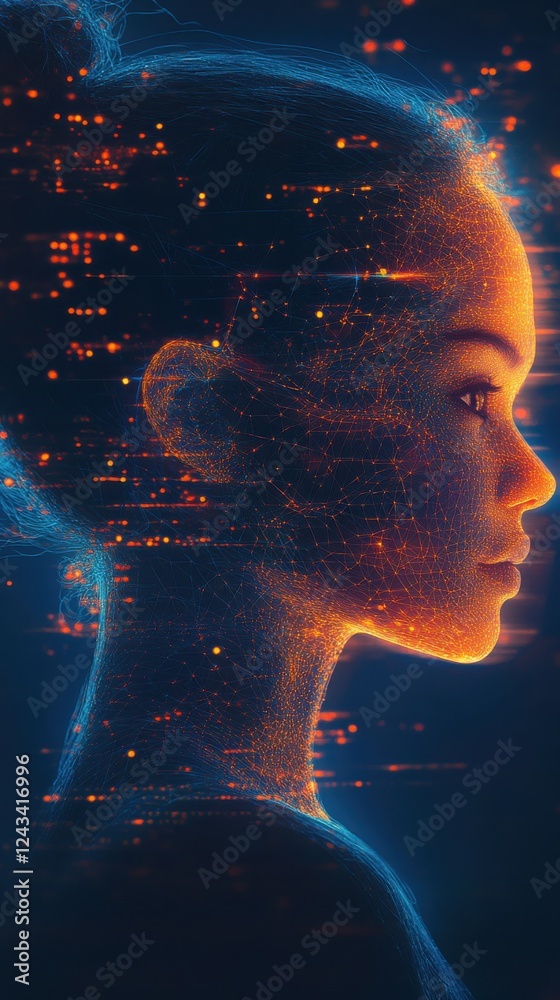 Aufkleber Surreal woman silhouette glowing with futuristic AI constructs and radiant patterns in a digital realm