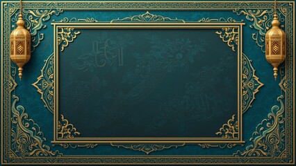 Obraz premium Traditional Eid-themed retangle frame with ornate and detailed Islamic motif in gold and turquoise. With gold lanterns decoration