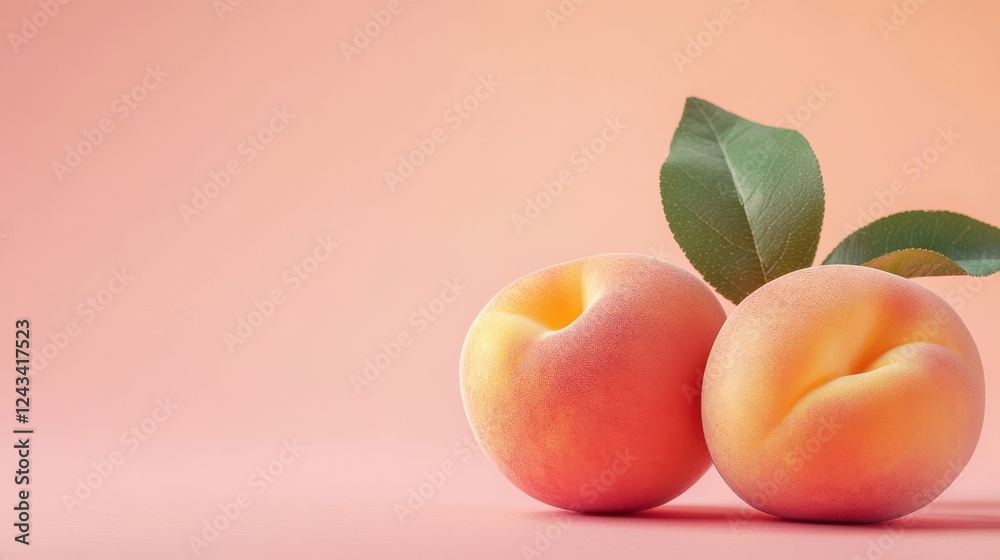 Poster two fresh peaches resting against a soft peach background with gentle colors providing a warm atmosp