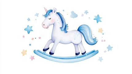 Cute Unicorn Rocking Horse - Adorable watercolor illustration of a blue unicorn rocking horse surrounded by stars and clouds, perfect for children's products.