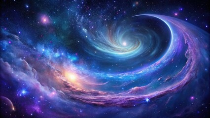 Swirling purple and blue galaxies with bright stars and a crescent moon in the foreground, starry night, cosmic, galaxy, spiral arms, cosmos