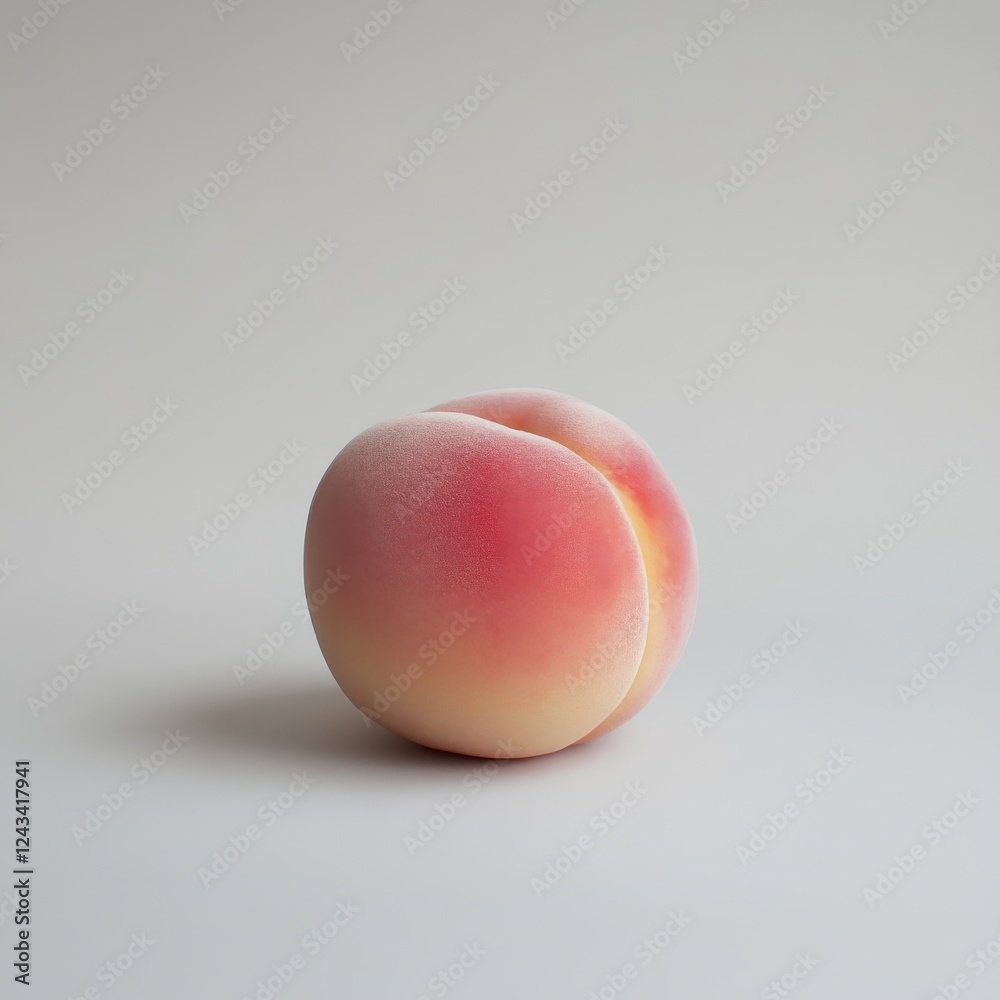 Poster ripe peach resting on a smooth white surface showcasing its velvety texture and vibrant colors