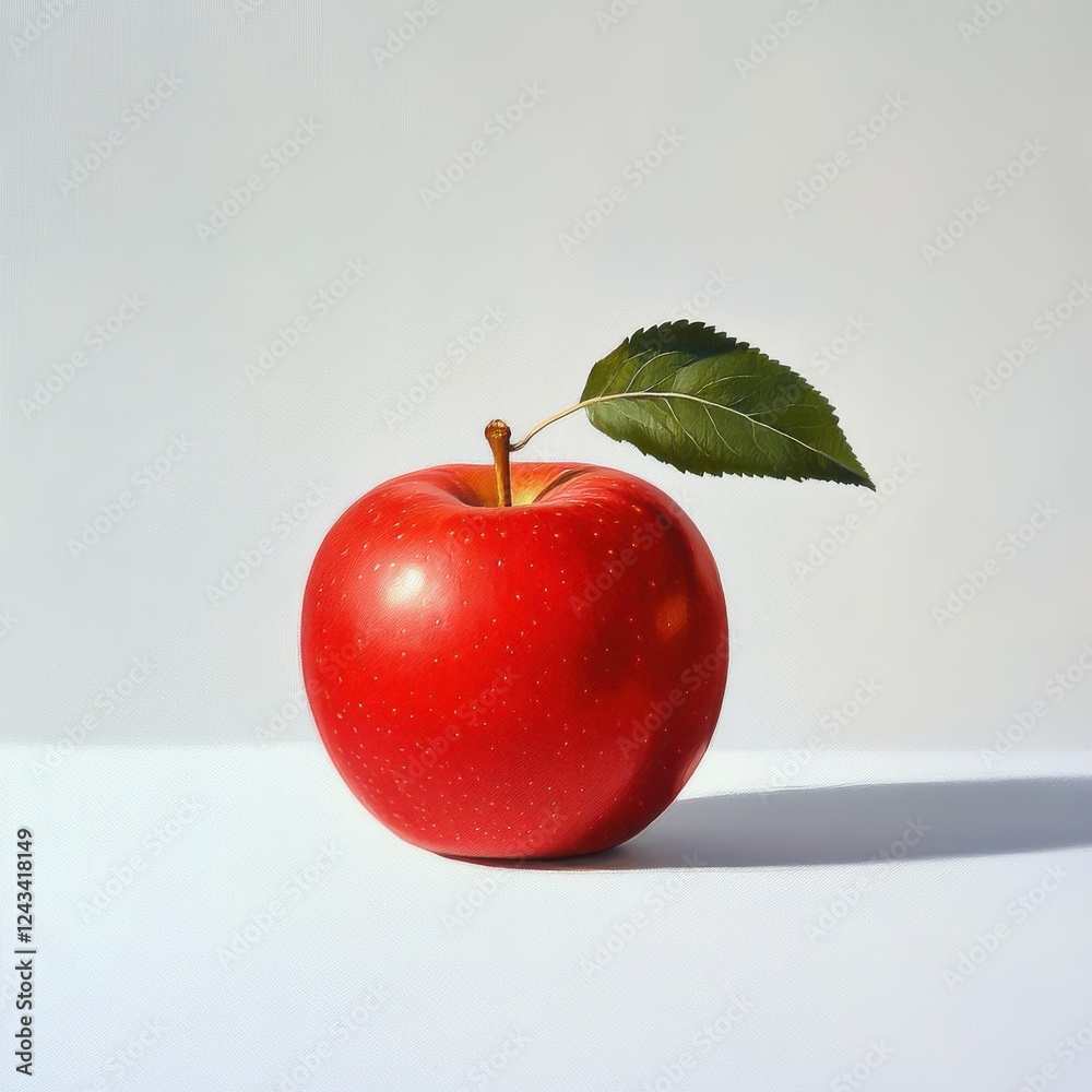 Poster bright red apple with shiny skin and green leaf sits on a clean white background showcasing its natu